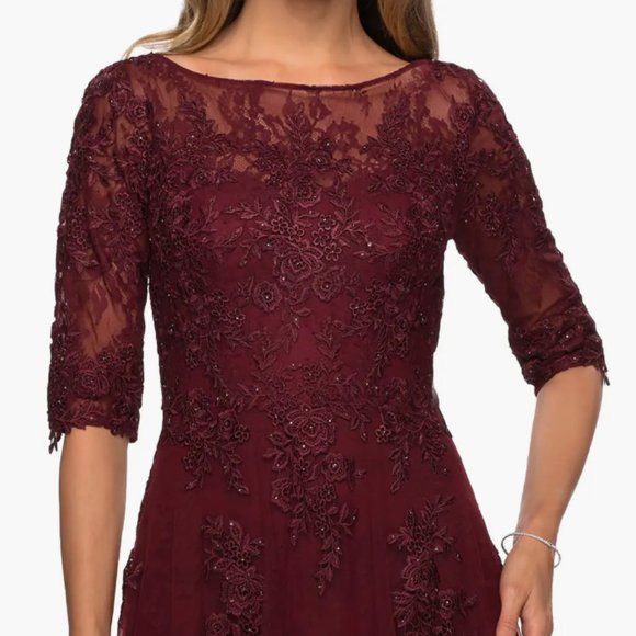 LA FEMME FLORAL LACE & TULLE BURGUNDY GOWN sz16 - Picture 3 of 4
